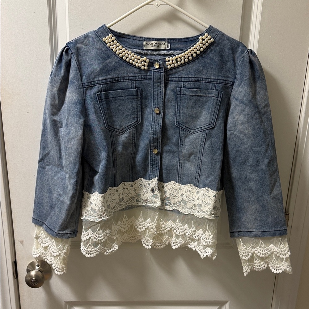 Denim Jacket with Lace and Pearl Details
